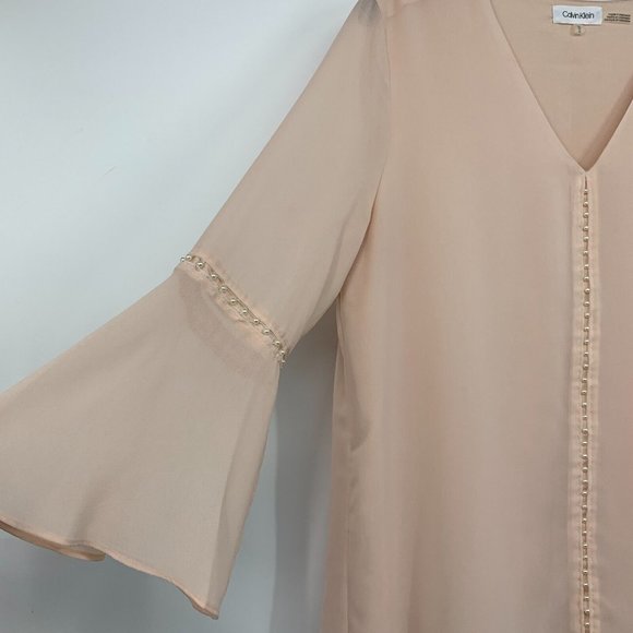 Calvin Klein Top Pink Pearl Embellished V Neck Bell Sleeve - Picture 5 of 11